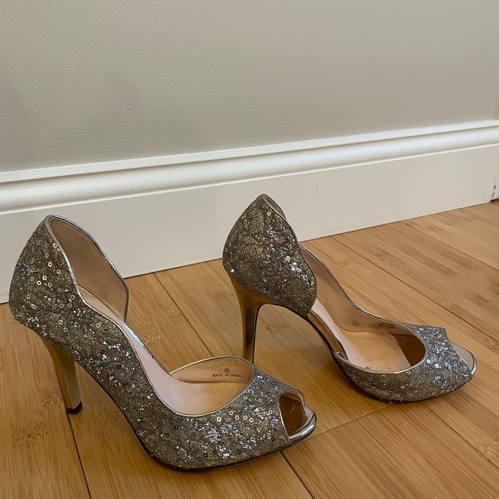 Gold and Silver Sequin Peep Toe Heels